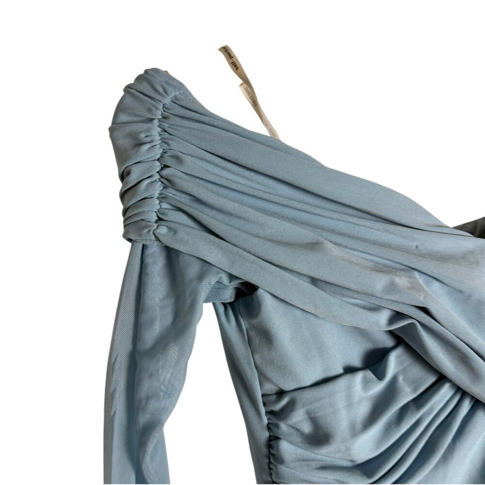 Self-Portrait Pale Blue Jersey Mesh Crossover Off the Shoulder Long Sleeve Top 0 - Picture 5 of 10